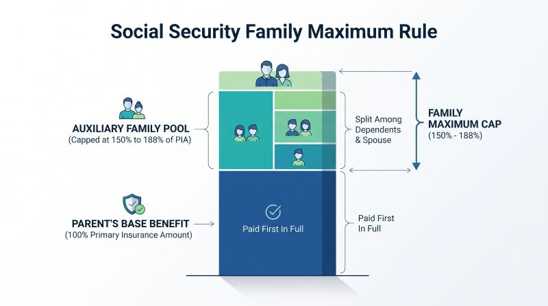 Diagram showing the Social Security Family Maximum formula with the parent's full primary insurance amount and auxiliary dependent pool.