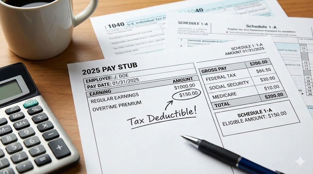 Sample of 2025 pay stub showing overtime calculation for tax deduction.