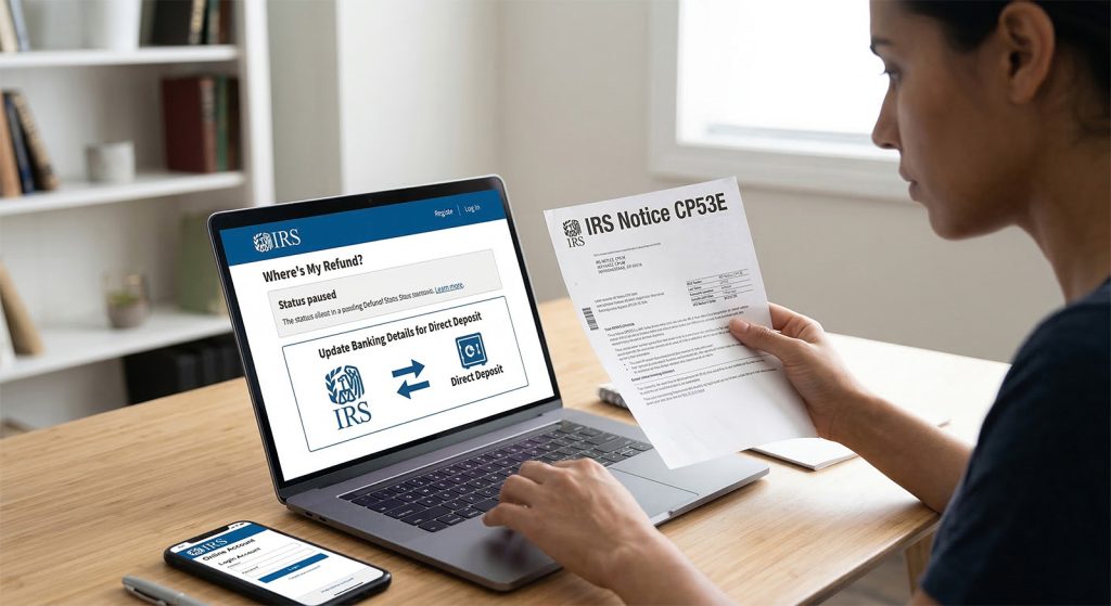 IRS Notice CP53E letter; Person checking tax refund status on a laptop; IRS logo with "Direct Deposit" text.