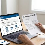 IRS Notice CP53E letter; Person checking tax refund status on a laptop; IRS logo with "Direct Deposit" text.