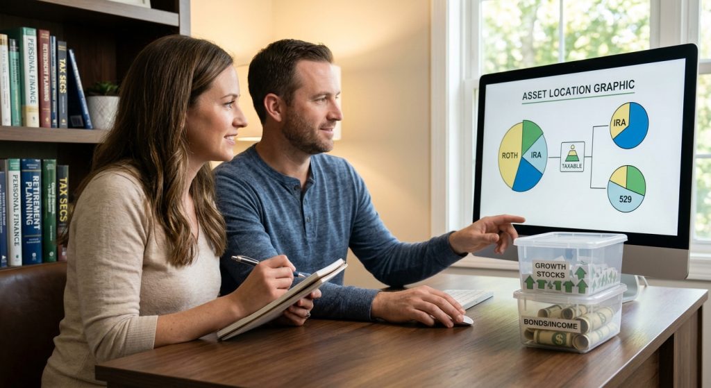 Balances describing exactly what is happening in the photograph with naturally integrating key terms from your article (like Roth IRA, Traditional IRA, and asset location) without keyword stuffing.