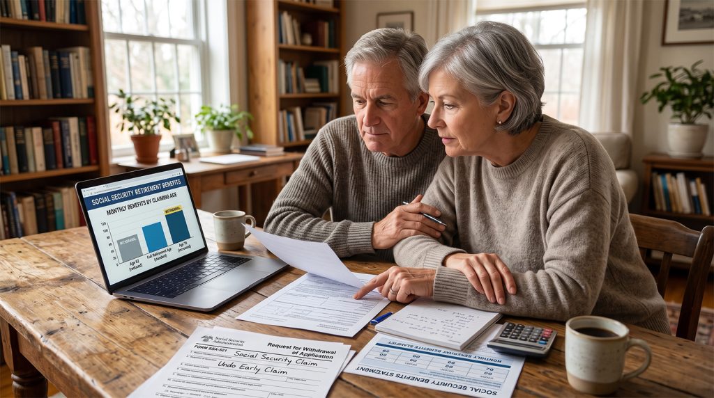 Couple reviewing options to undo early Social Security claiming decisions and Form SSA-521