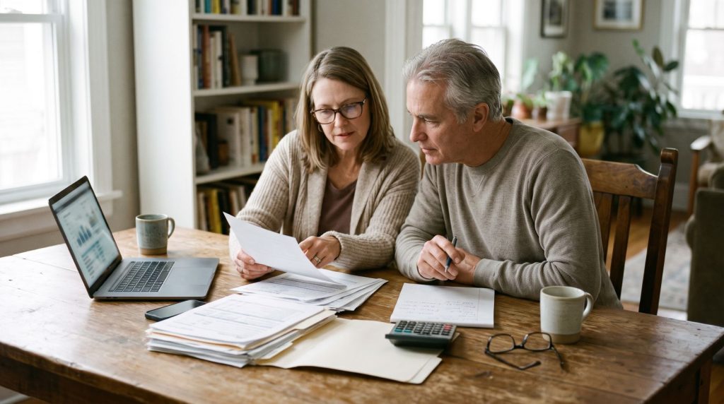 Mature couple thoughtfully reviewing retirement IRA documents and tax paperwork with a laptop and calculator