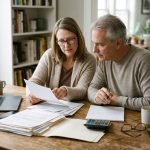 Mature couple thoughtfully reviewing retirement IRA documents and tax paperwork with a laptop and calculator